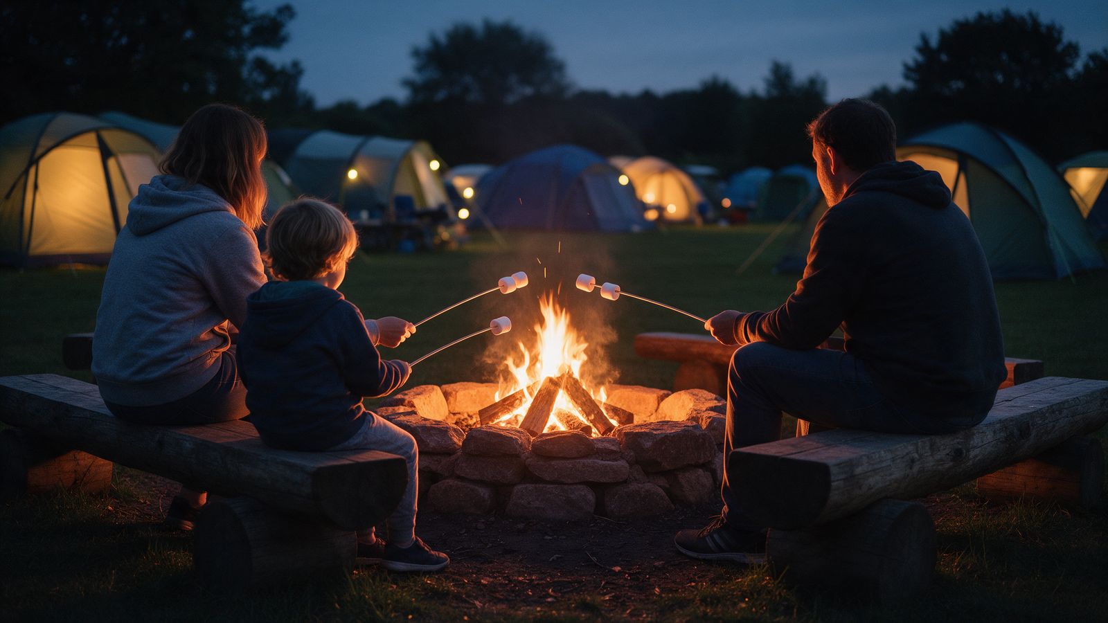 A family toasting marshmallows on sticks around a stone fire circle at dusk, tents glowing behind them