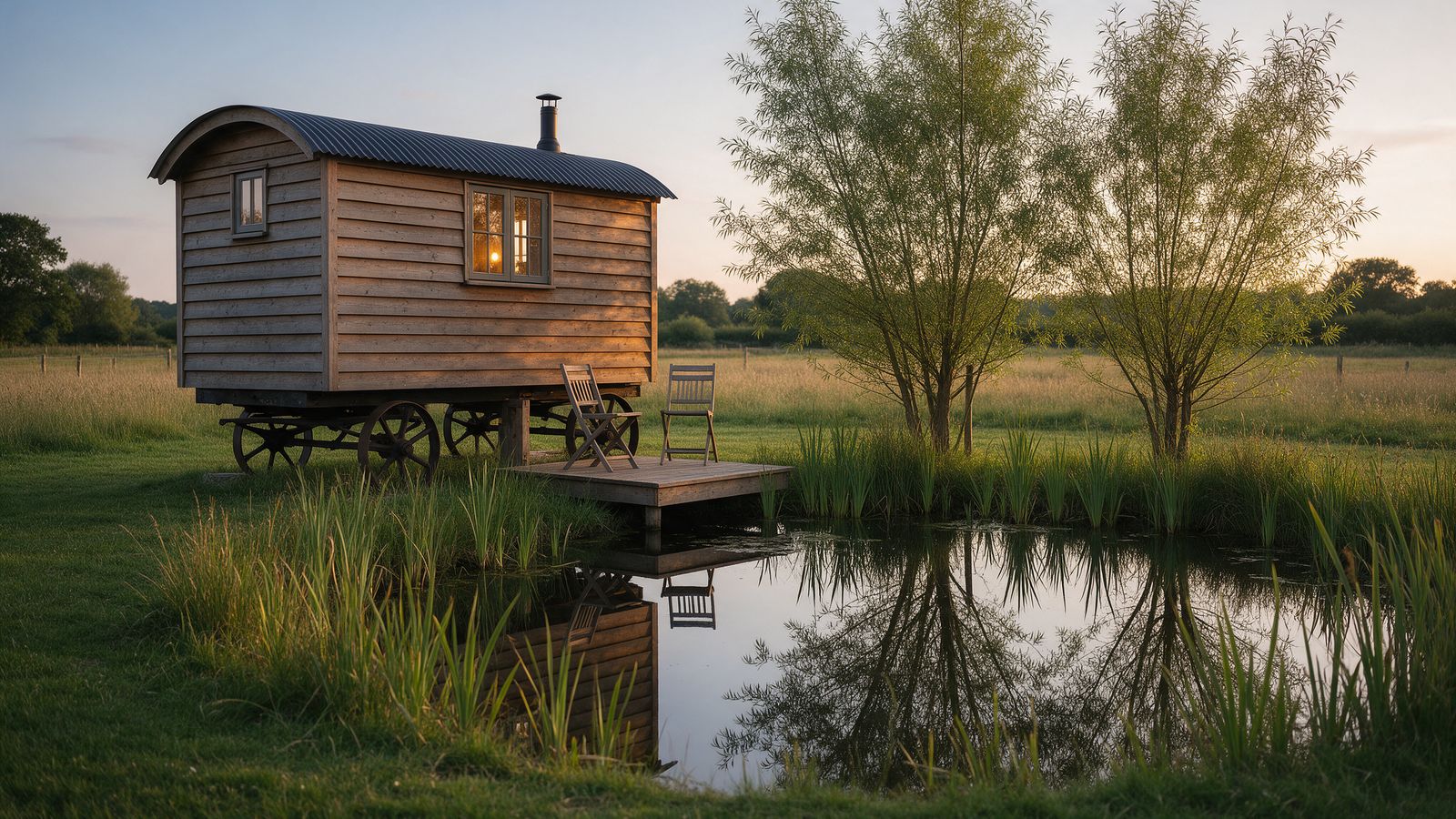 A wooden shepherd's hut on iron wheels with a lit window and a little deck reaching over a still pond