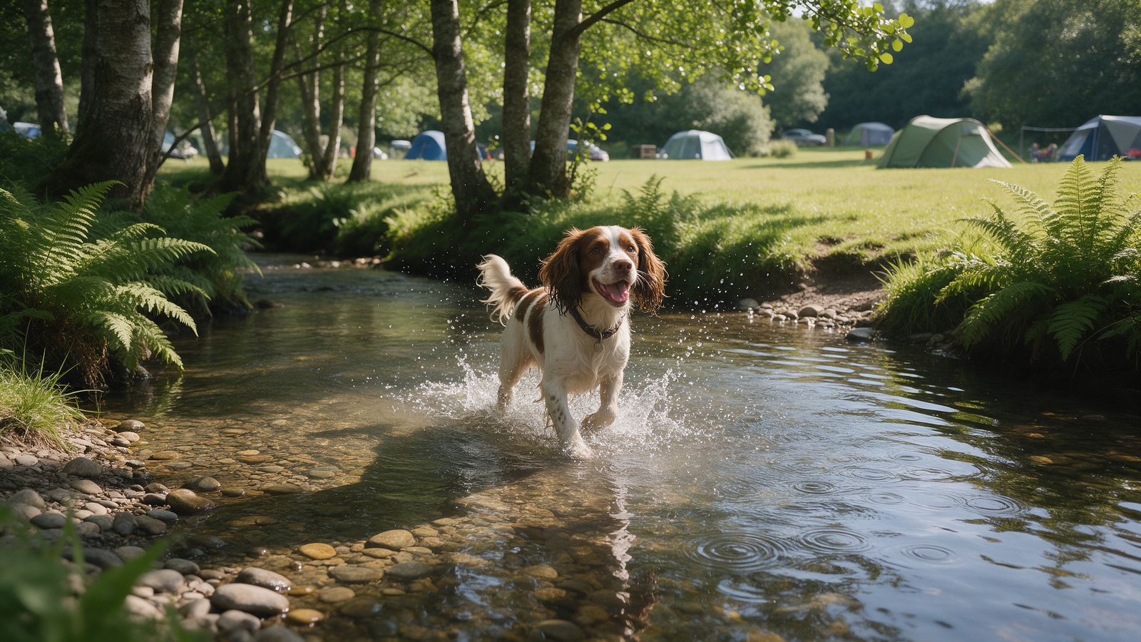A brown and white spaniel splashing through a shallow stream between ferns, tents in the field beyond